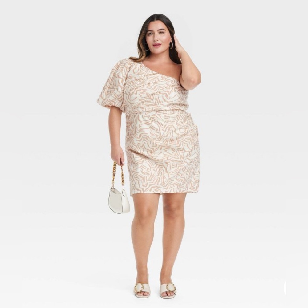 NWT Cream Patterned One-Shoulder Mini Dress Sz 14